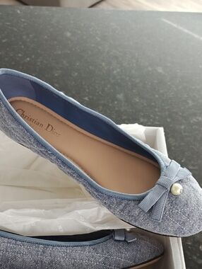 New Dior Light Blue Denim Quilted Bow Ballet Flats with Pearl Accent. Size 42